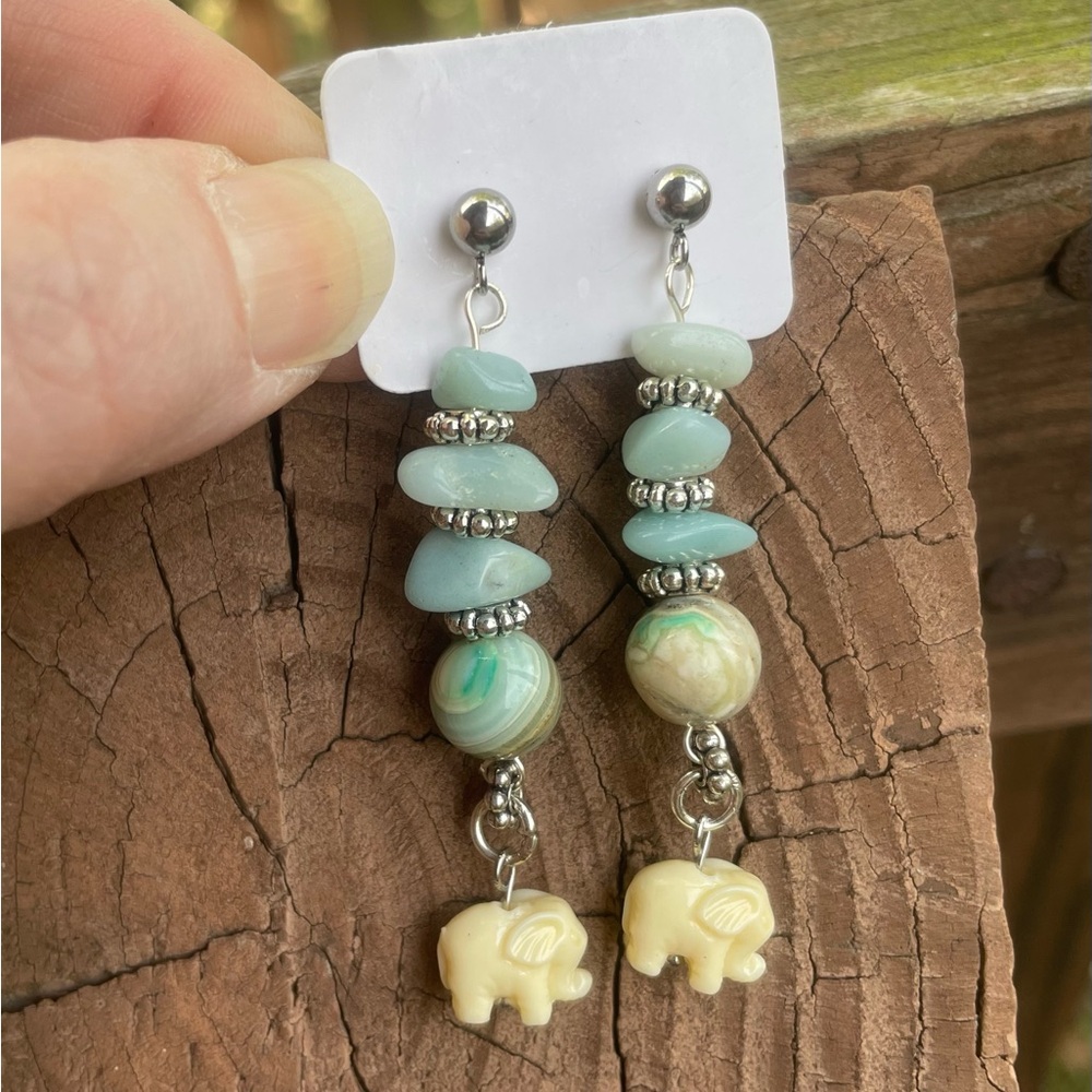 Larimar & Phoenix Stone Beaded Elephant Earrings - Picture 5 of 7